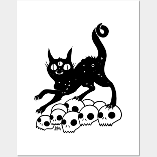 Black Cat On A Pile Of Skulls Magic Witch Art Posters and Art